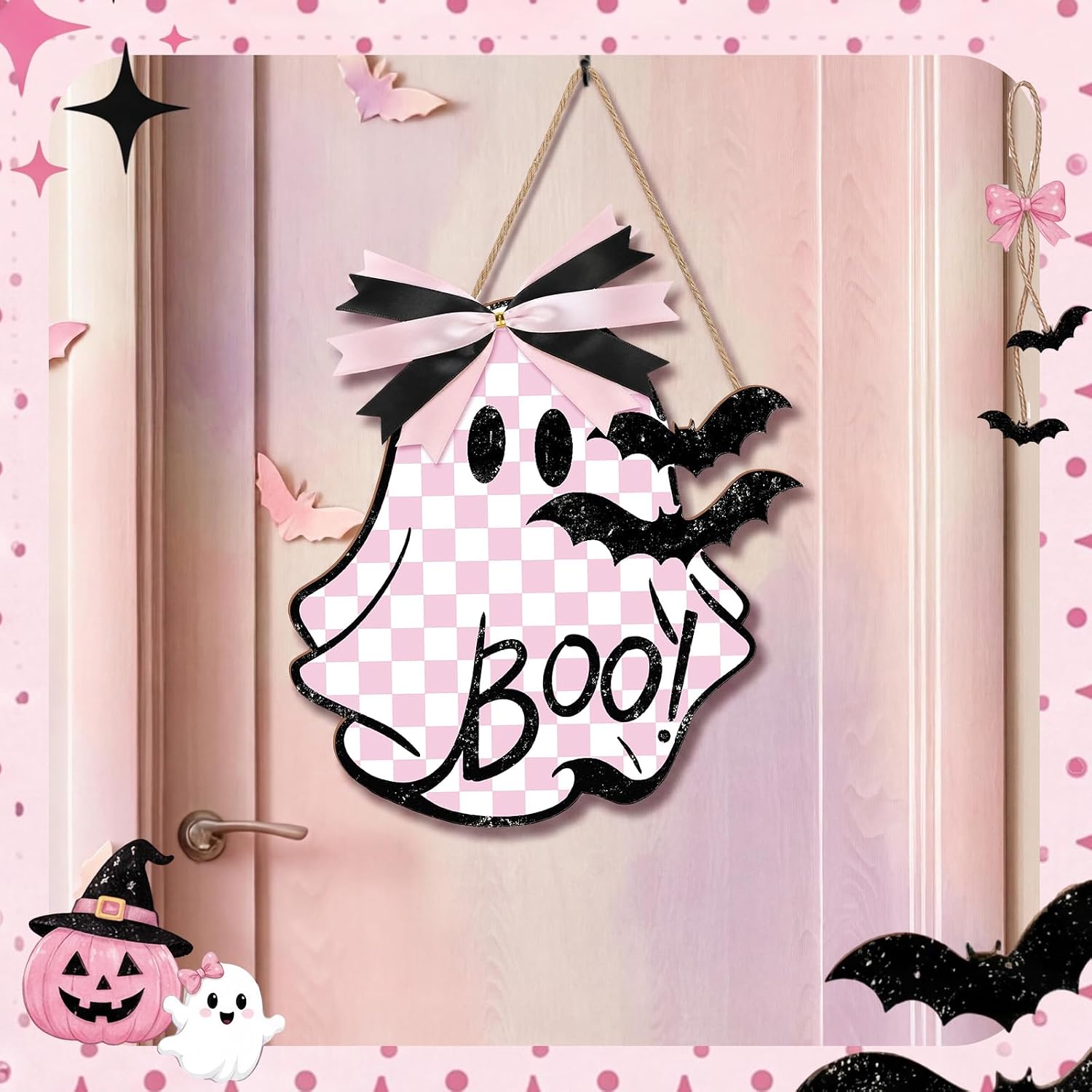 Huwena Halloween Door Signs, Pink Ghost Wooden Hanging Sign, 12" Cute Wall Decor, Spooky Ornament Bow Bat, Wall Hanger Decoration for Front Door Porch Indoor Outdoor Halloween Party Gothic Home Decor
