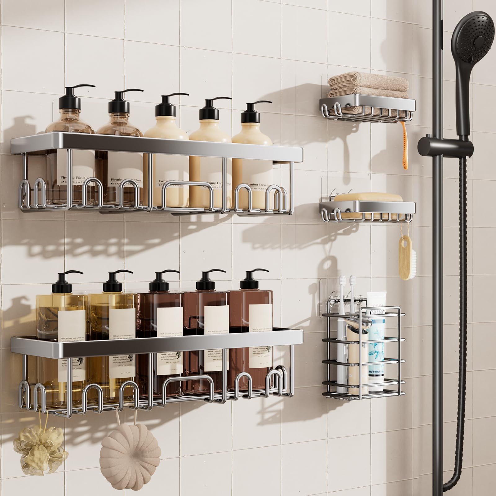 Veken Shower Caddy 5-Pack, Bathroom Organizers and Storage Shelves, Silver | Advanced Rustproof Design, Large Capacity, No Drilling, Adhesive Rack with Soap Holder, Wall-Mounted Kitchen & Home Decor