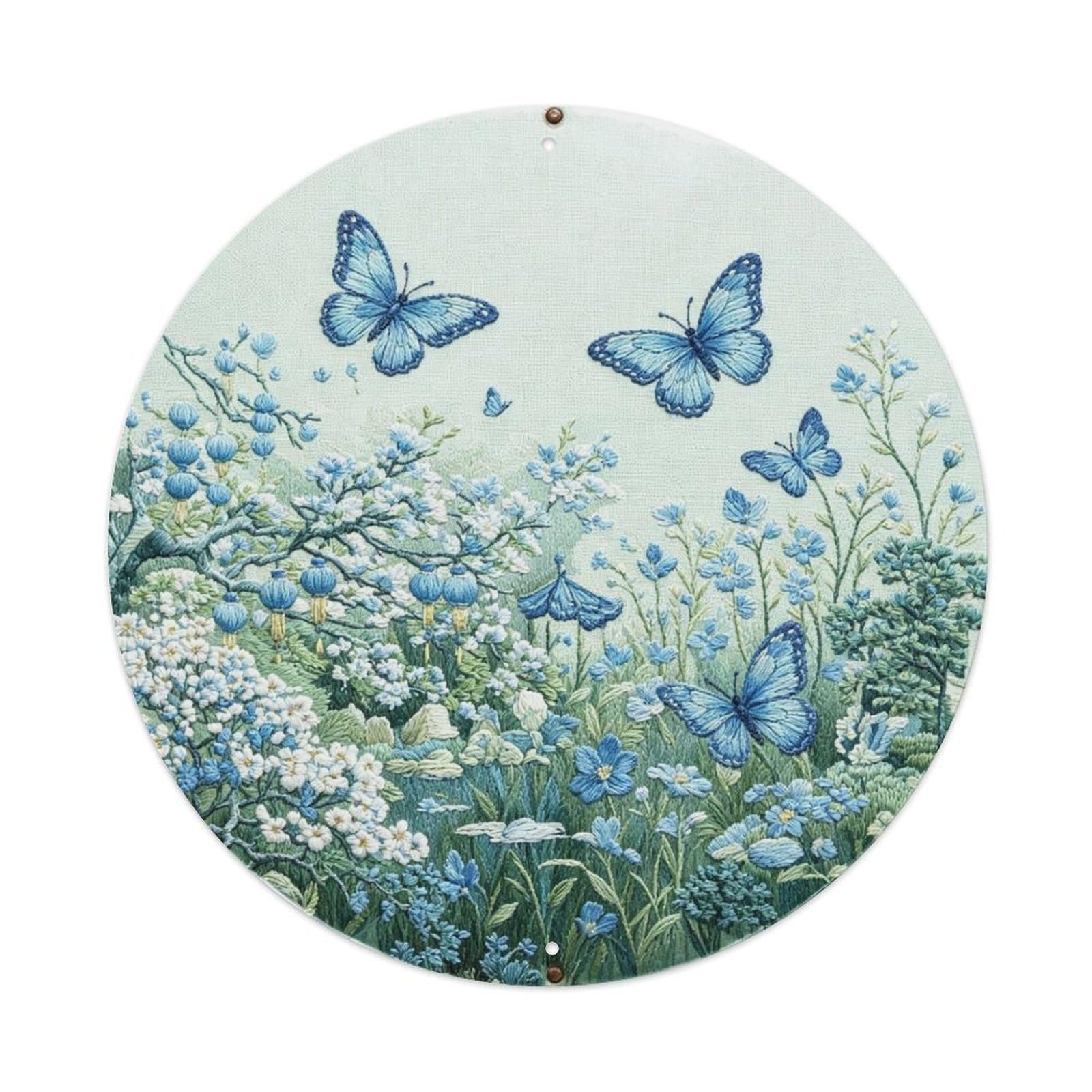 Blue Butterfly Garden Embroidery Metal Tin Sign Plaque