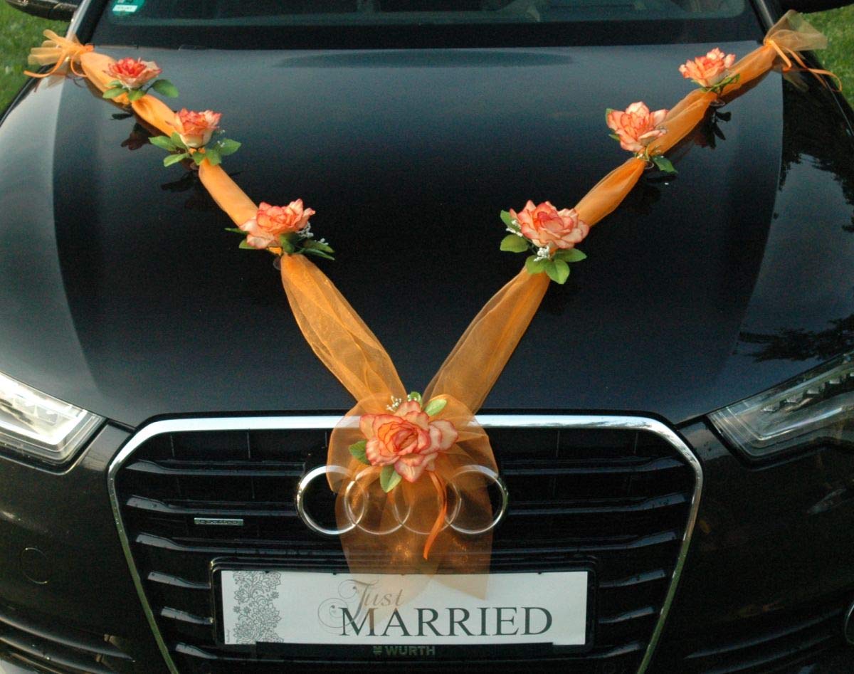 Autoschmuck Organza M Auto Schmuck Braut Paar Rose Deko Dekoration Hochzeit Car Auto Wedding Deko (Orange/Orange)