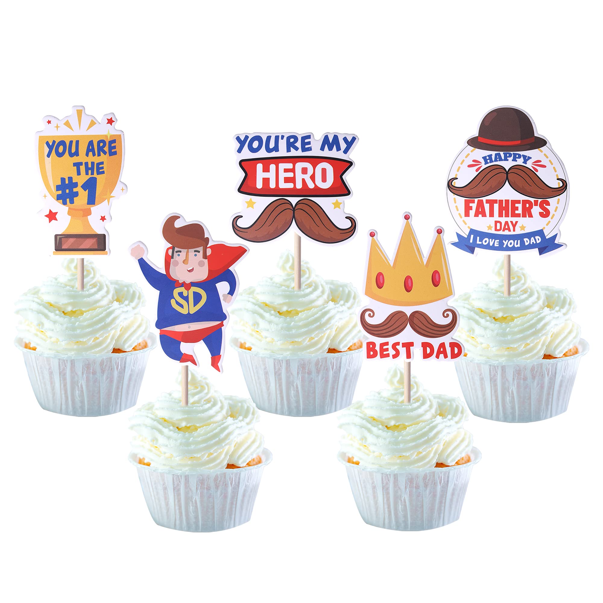 SYKYCTCY 30 Pack Happy Father's Day Cupcake Toppers Best Dad Ever Cupcake Picks Dad you are my hero Happy Fathers Day Cake Decorations for Happy Father's Day Party Cake Decorations Supplies