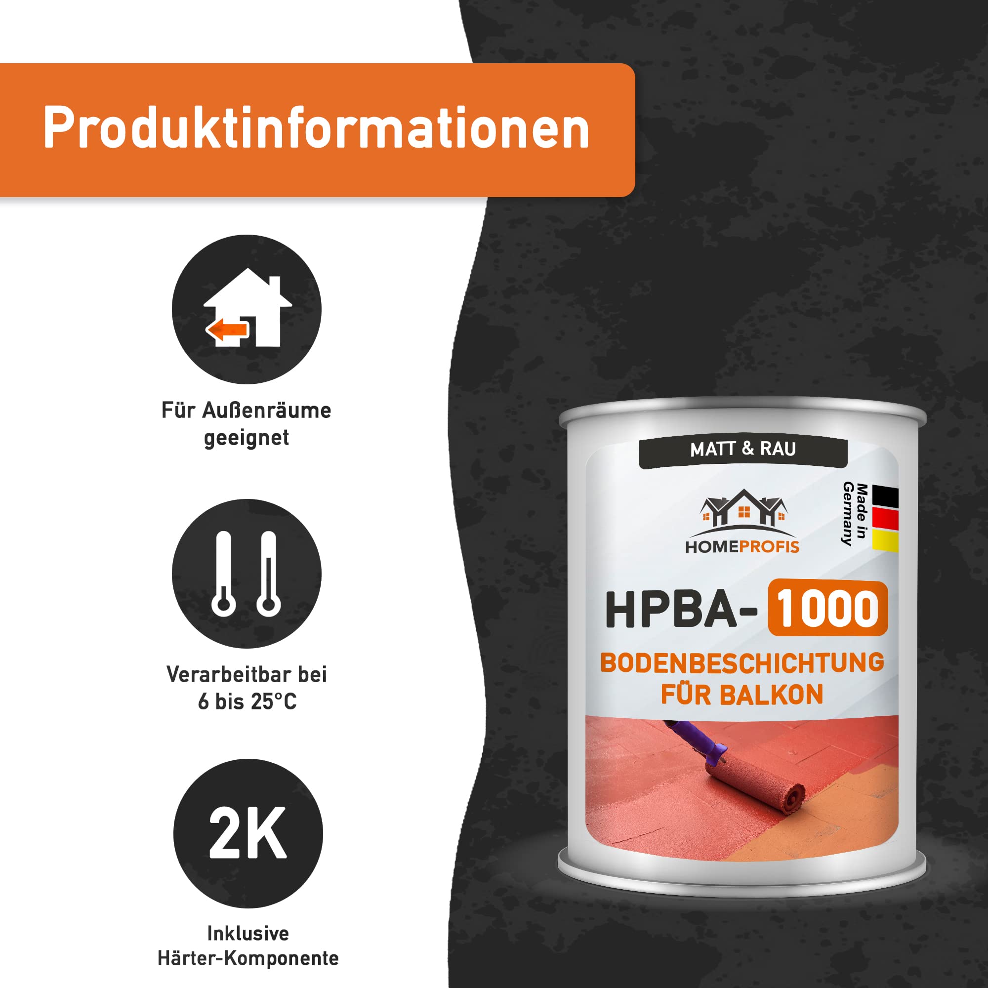 Home Profis® matter Balkonboden rutschfest (5m²) | 30 Farben | Beton, Estrich & Fliesen | Flüssigkunststoff Bodenfarbe Außen | 2K Epoxidharz Bodenbeschichtung | RAL 9010 Reinweiß | HPBA-1000