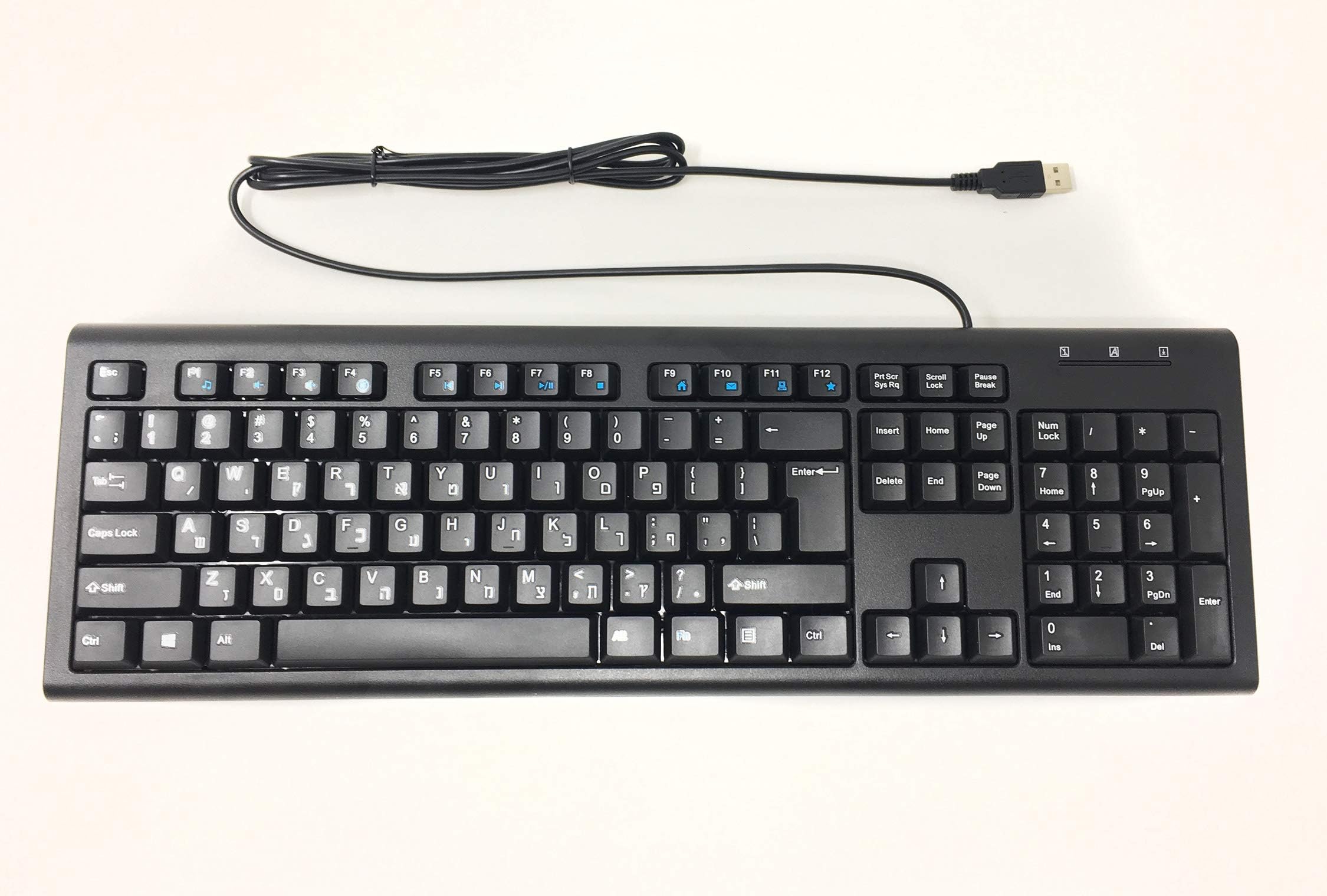 Hebrew English White Letters on Black Keys Wired Keyboard with USB Connection
