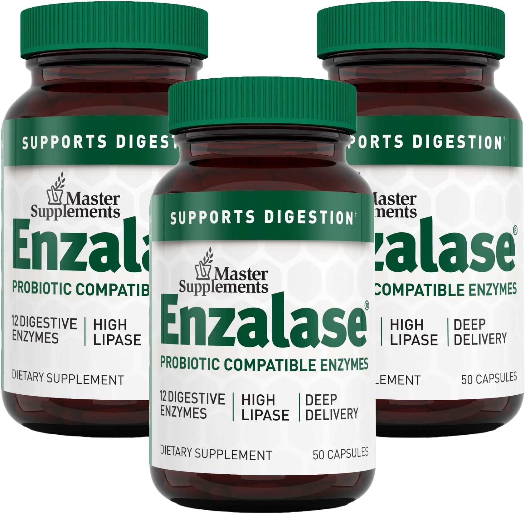Master Supplements Enzalase - 50 Capsules, Pack of 3 - Probiotic Compatible Enzymes - Provides Digestive Boost + Gas & Bloating Relief - Gluten Free - 150 Total Servings