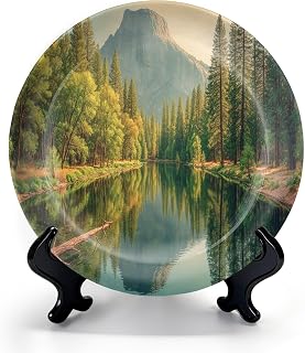 Decorative Ceramic Plates for Display with Stand, 10" Yosemite Valley Landscape River California Dinner Plate for Wall Hanging Tabletop Decor Home Housewarming Gifts
