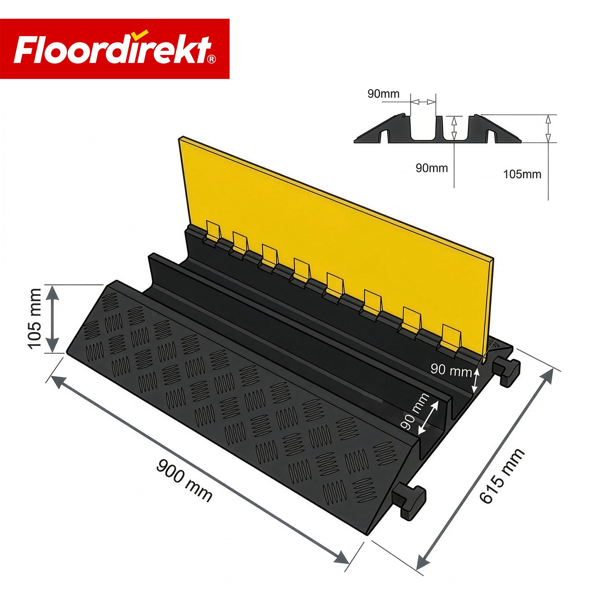 Floordirekt Kabelschutzmatte - Bis 20 Tonnen - Überfahrschutz für Kabel, Kabelbrücke aus Gummi für Parkplätze, Lagerhäuser (Schwarz-Gelb, 2 Kanäle 90 x 61,5 x 10,5 cm - Torus)