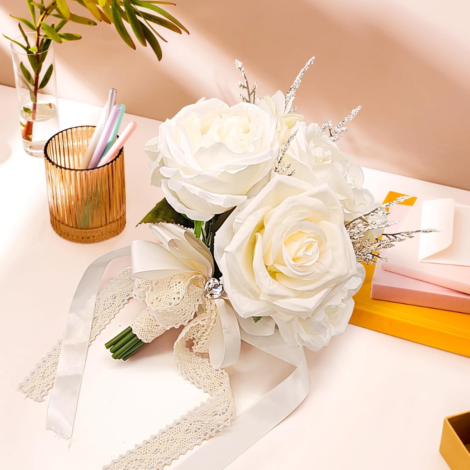 Verichy 8.5 Inches Wedding Bouquet Cream Artificial Flower Bouquet 15 Faux Roses for Bride Wedding Marriage Proposal Party Church Decoration