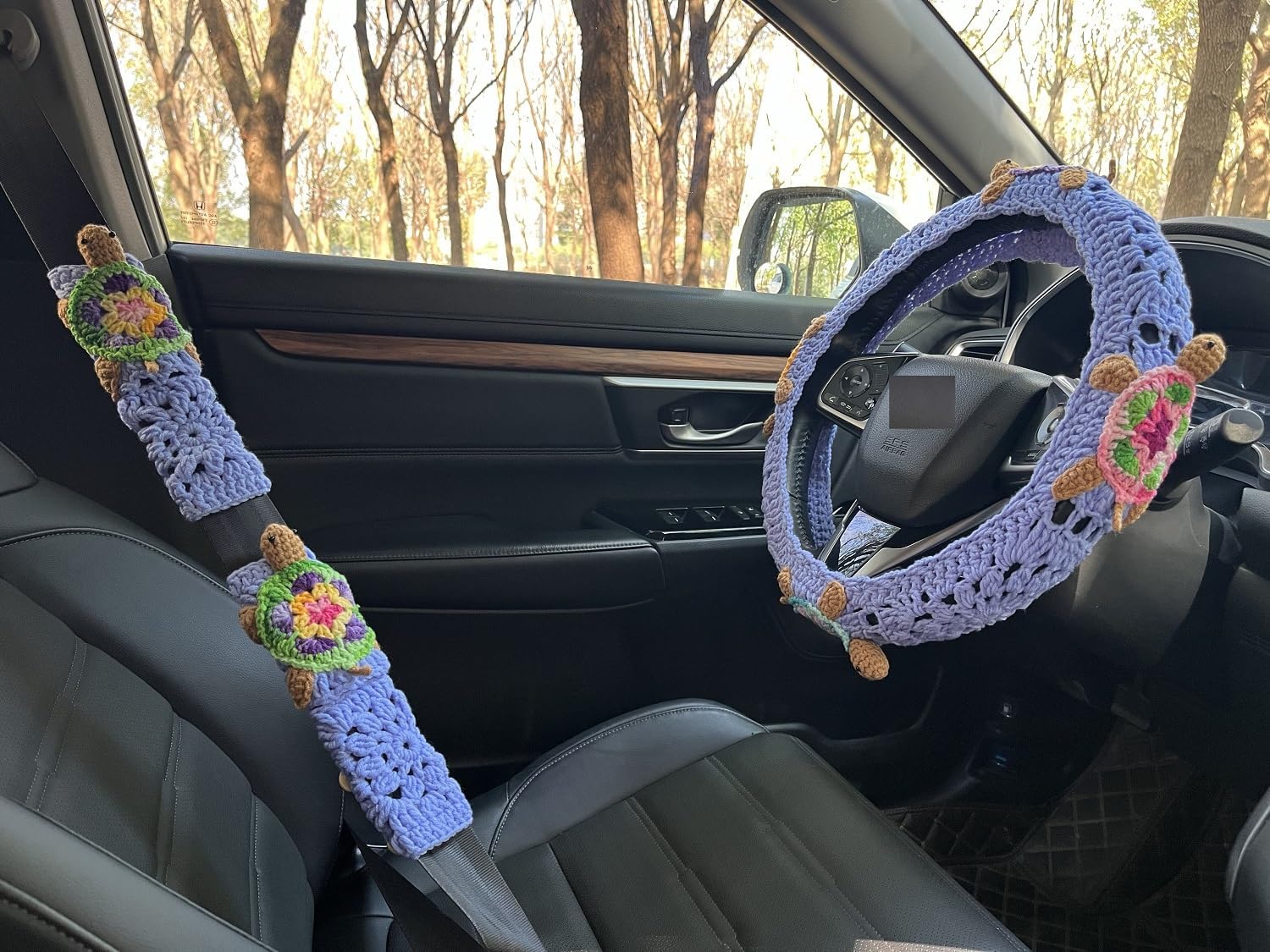 Crochet 3D Sea Turtle Steering Wheel Cover and Seat Belt Cover (Purple Wheel Cover+2 Belt Cover)