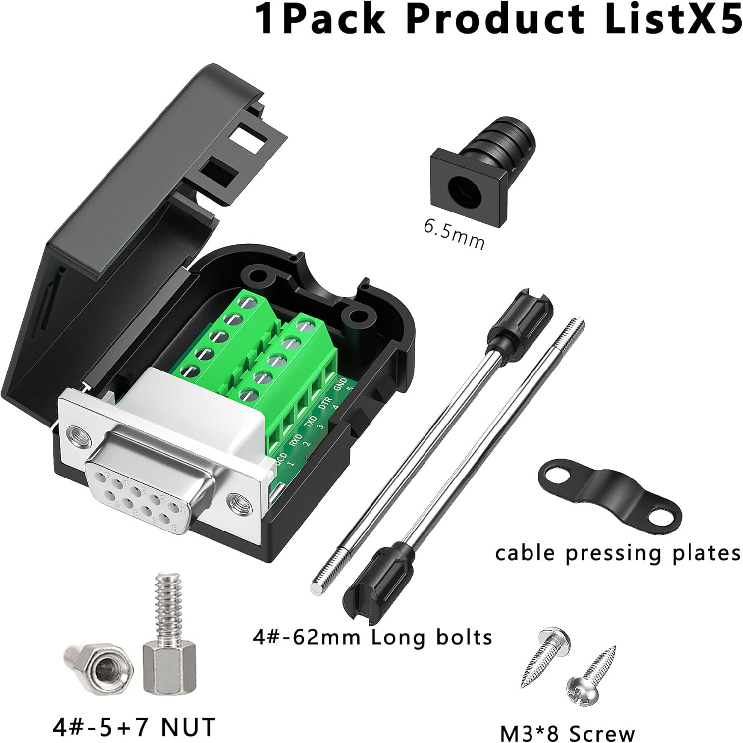 5Packs DB9 Breakout Female D-SUB 9-pin RS232 RS485 Serial Adapter to Terminal Connector Signal Module with Bolts Nuts and Screwdriver
