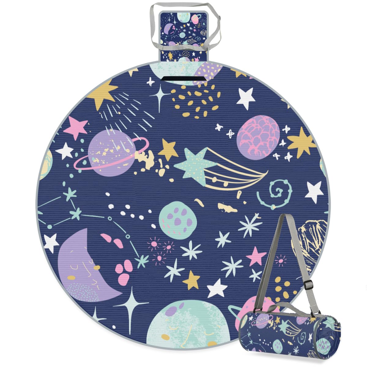 Shimoshe Cartoon Galaxy Starry Sky Picnic Outdoor Blanket Foldable Waterproof Sandproof Beach Blanket Portable Water-Resistant Round Picnic Mat for Travel Camping Park Lawn