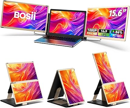 BOSII Laptop Screen Extender Monitor - 15.6" IPS FHD 1080P Triple Portable Extended Monitor for Laptops Type-C/HDMI/USB-A Compatible with Windows Mac Chrome