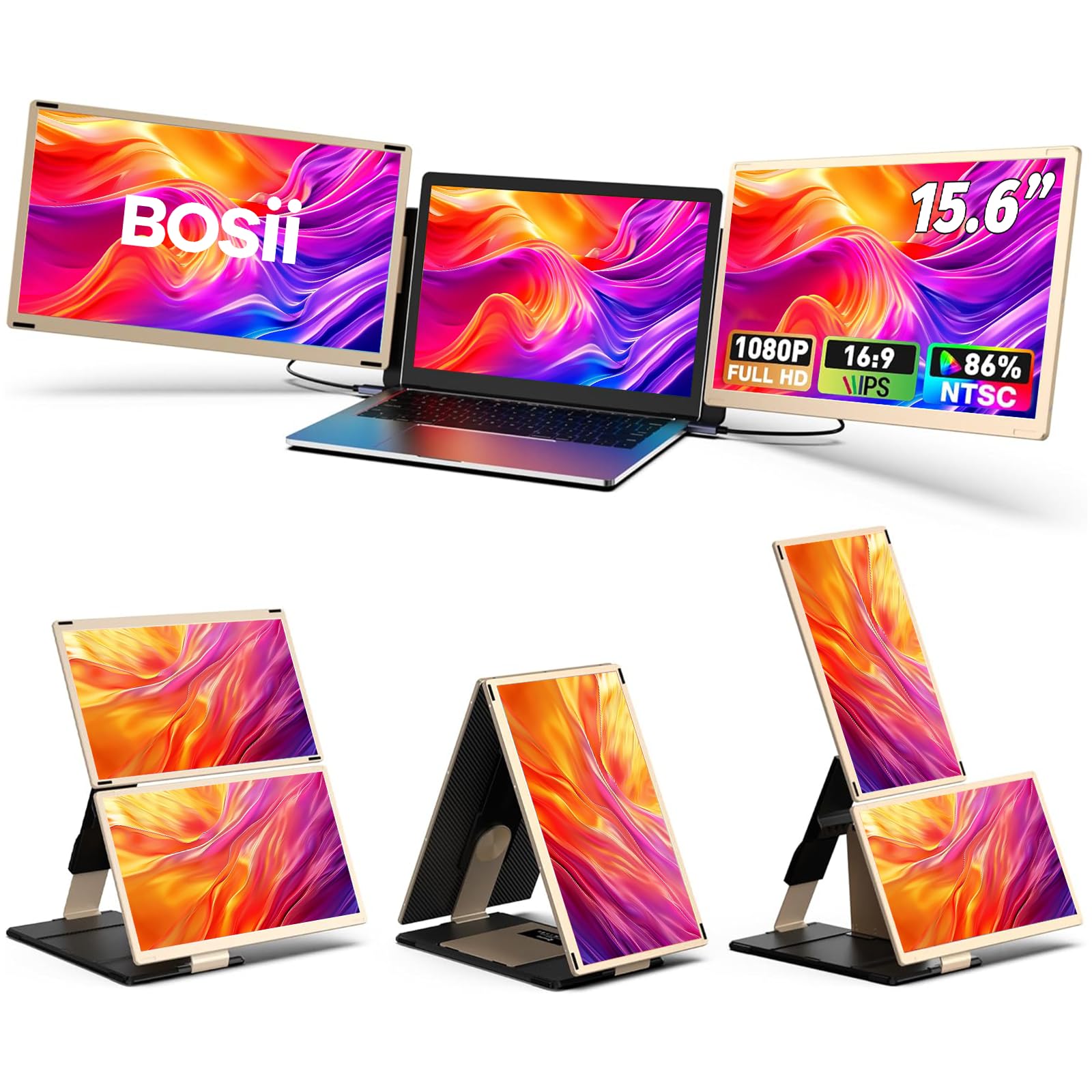 BOSII Laptop Screen Extender Monitor - 15.6" IPS FHD 1080P Triple Portable Extended Monitor for Laptops Type-C/HDMI/USB-A Compatible with Windows Mac