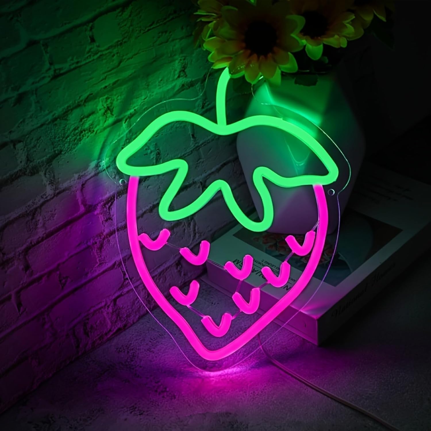 Strawberry Neon Sign – Pink LED Light for Girly Room, Aesthetic Wall Decor, Bedroom, or Dessert Shop – Cute Neon Room Decoration, 11.81″ × 8.66″