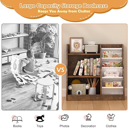 Miniatura 168 de Estantería de madera rosa de 4 niveles para niños, estantería de 5 capas, estante para libros de almacenamiento para bebés, organizador de juguetes