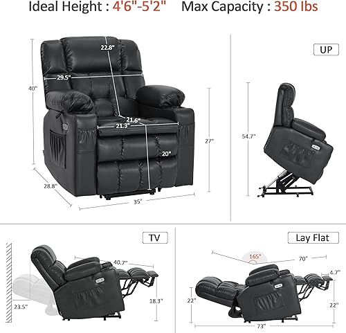 Miniatura 44 de MCombo Silla reclinable eléctrica de doble motor para personas mayores, silla elevadora plana con calor y masaje, portavasos, puertos USB, piel