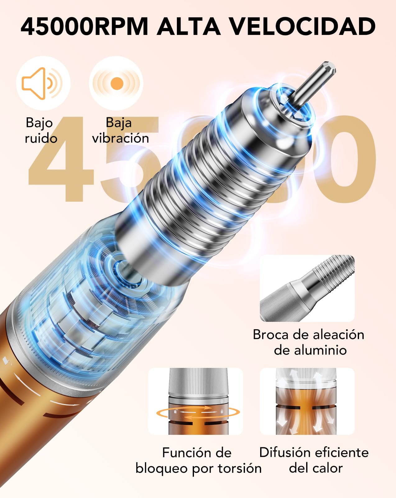 HOMEASY Torno para Uñas Profesional 45000 RPM 45 Velocidades con Pedal - Kit 11 Fresas Torno para Uñas +75 Bandas, <40dB Silencioso para Casa y Salón