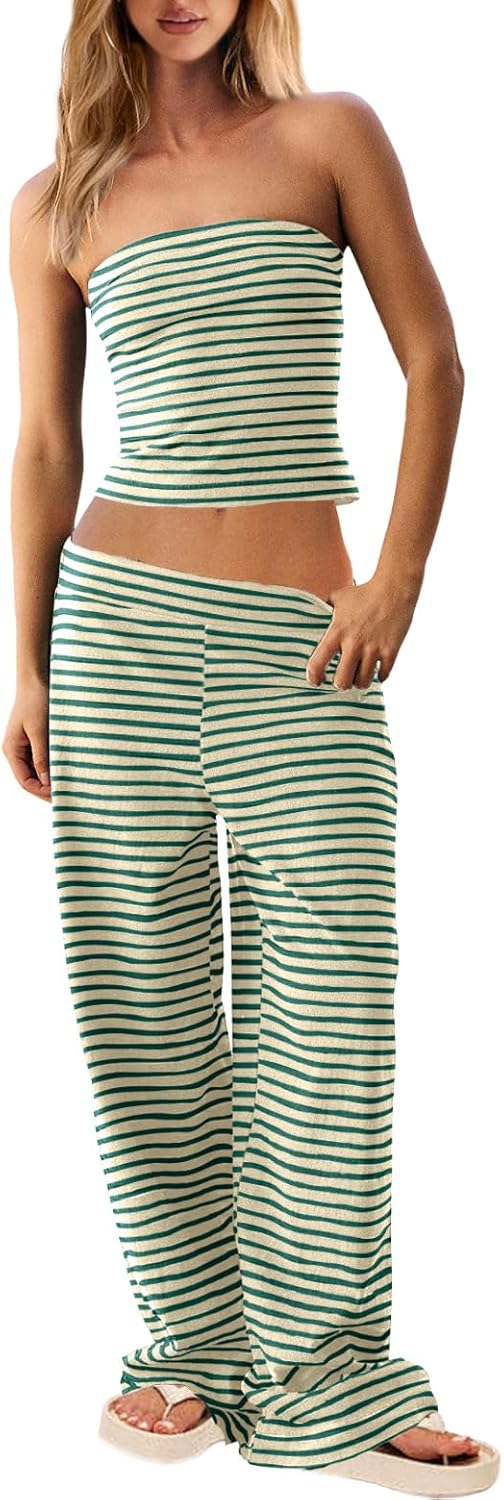 UNIANKIYA Womens Striped 2 Piece Lounge Set Strapless Tube Top and Wide Leg Pants Summer Beach Vacation Outfits Travel Set