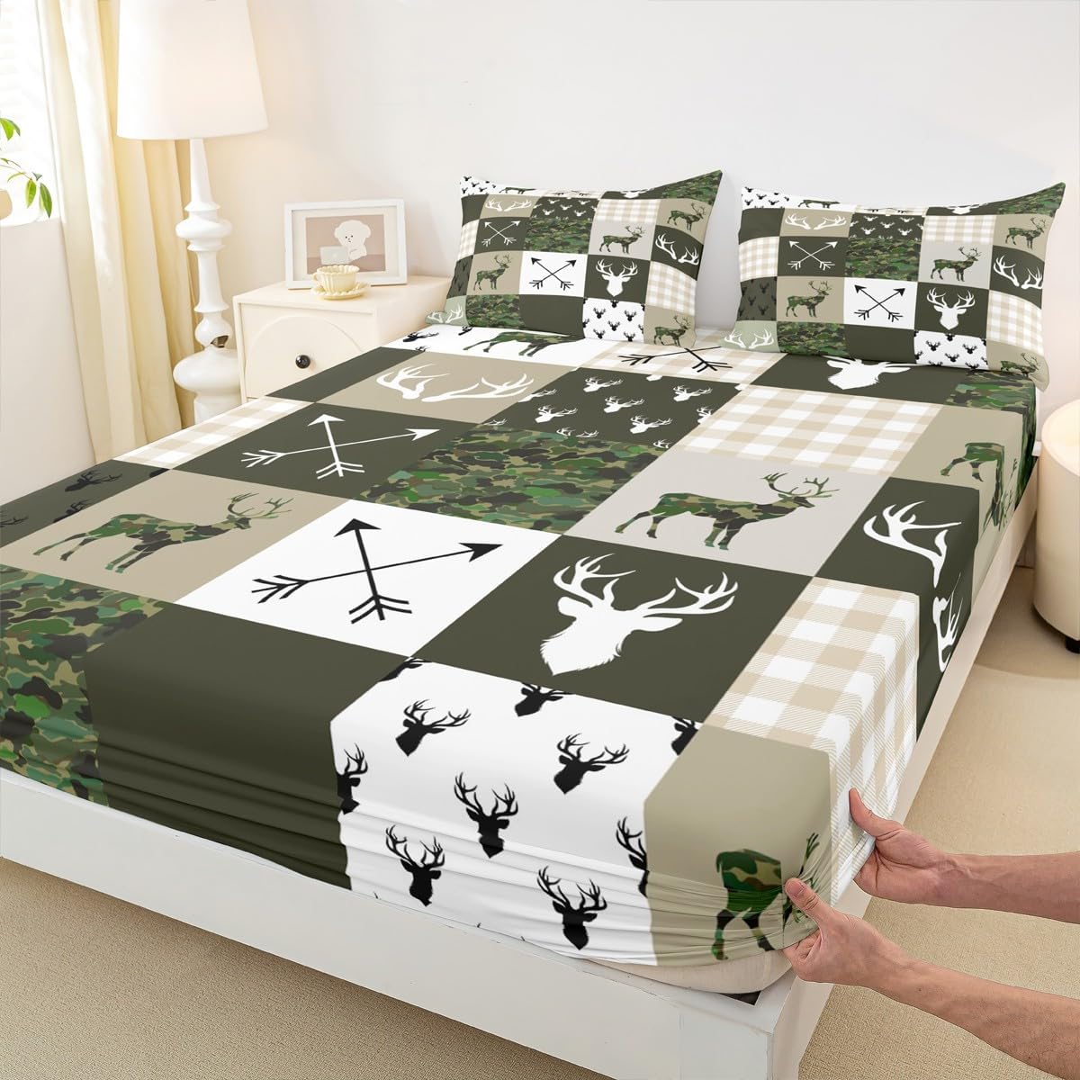 Camo Animal Kids Fitted Sheet Full Size,Deer Antlers Silhouette Bedding Set,Girls Boys Adults Bedroom/Xmas Decor,Checkered Geometric Bed Cover,Arrow Boho Tribal Bed Sheet,3pcs,2 Pillowcases