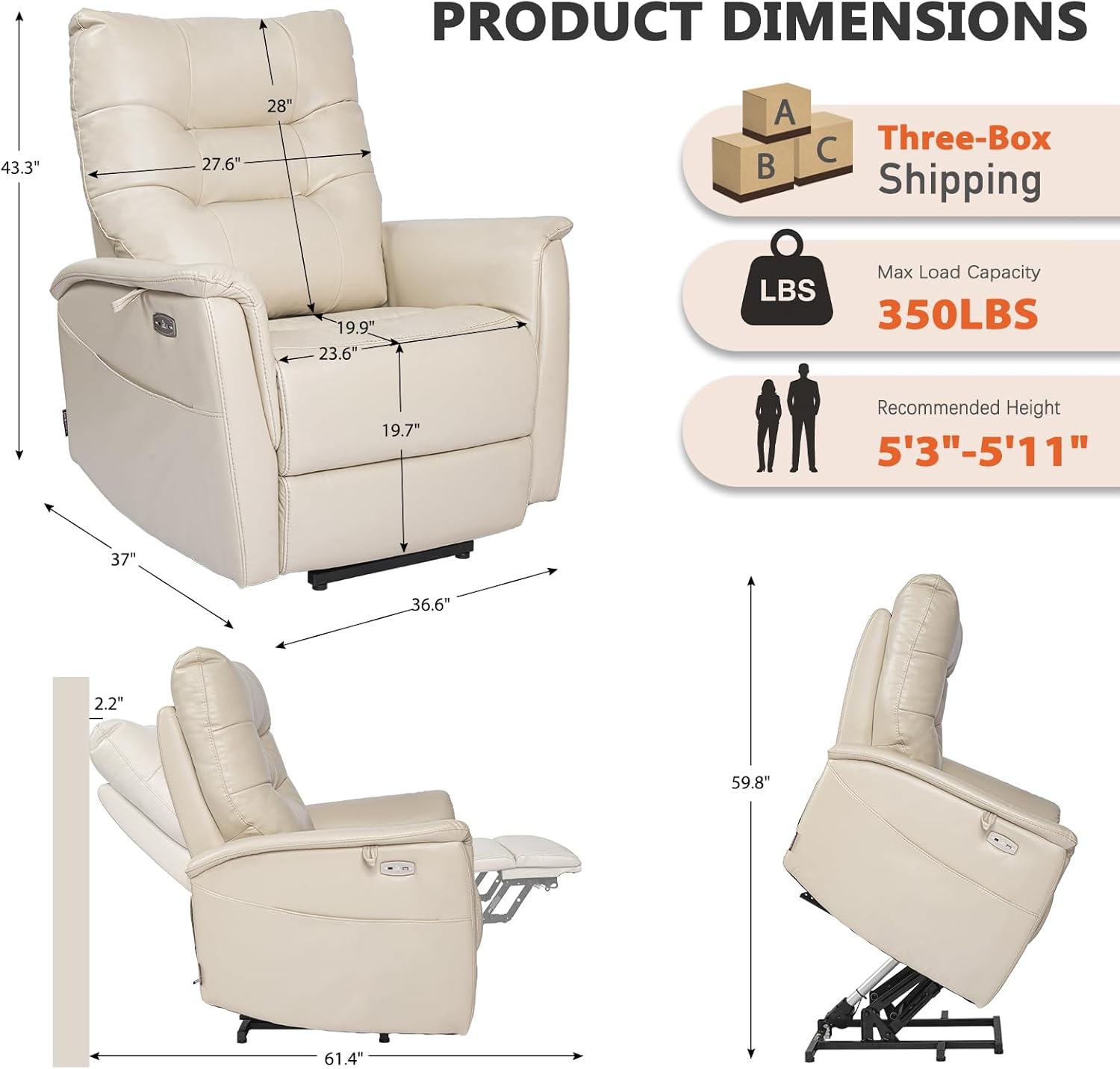 EONIX Zero Wall Power Lift Recliner for Seniors, Electric Lumbar Support Chair with Heat & Massage, USB-C & Breathable Leather (Space-Saving for Small Homes), Cream White