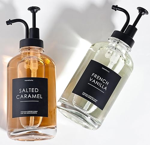 AlphaPantry Dispensador de jarabe de café de vidrio para accesorios de barra de café con 18 etiquetas (juego de 2), botella con bomba de jarabe para