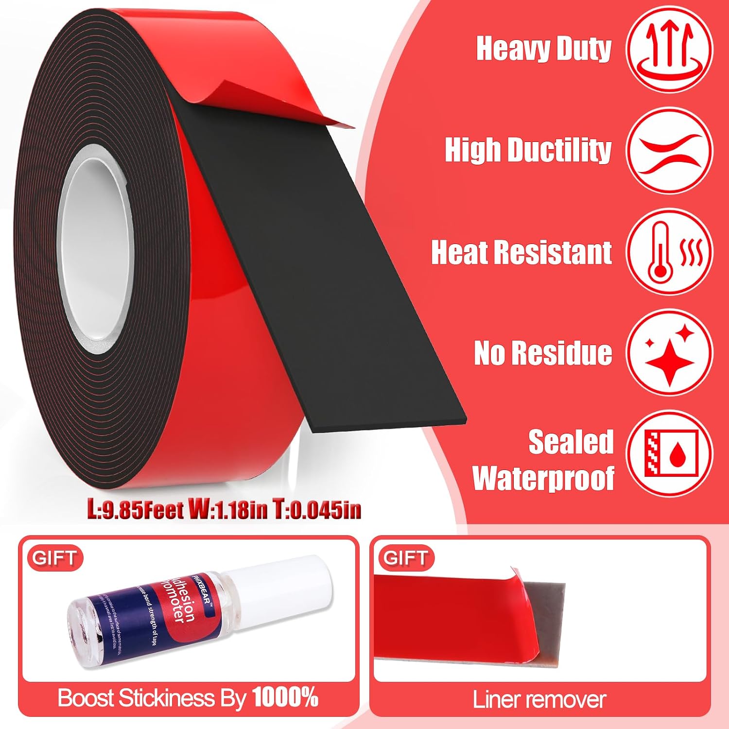 PHIXBEAR 1.18" Extreme Mounting Double-Sided Tape, Strong Adhesive Heat Resistant Weatherproof & No Residue, Multipurpose for Home Outdoor Automotive Use, 9.85Ft