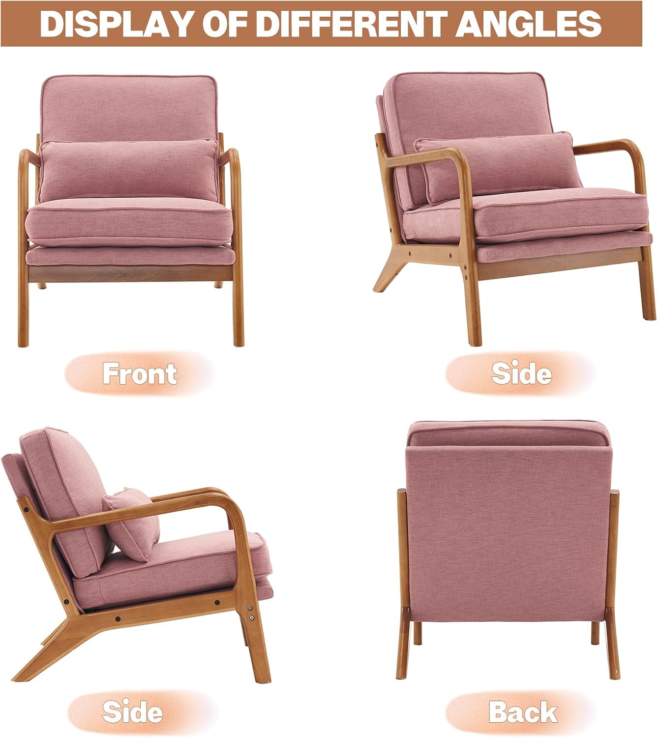 Hommoo Linen Fabric Accent Chair with Arm Mid Century Modern Lounge Reading Chair with Wood Frame Comfy Leisure Chair with Pillow and Cushion for Living Room, Bedroom,Balcony Pink