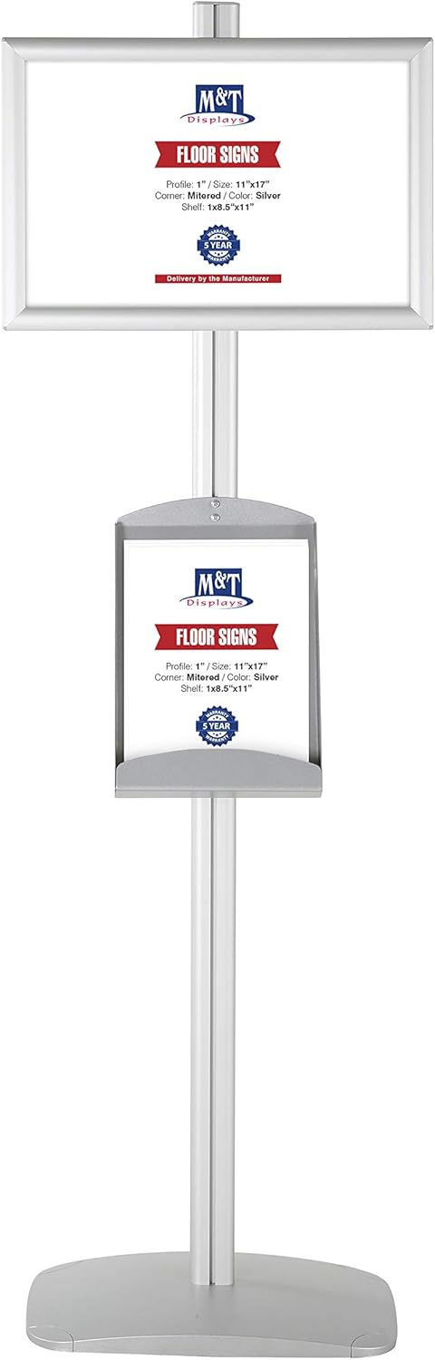 M&T Displays Free Standing Aluminum Display Stand Single Sided Document Brochure Sign Holder Front Loading Portrait Landscape Silver Snap Frame 1x(11x17) and Metal Tray Shelf 1x(8.5x11) Inch
