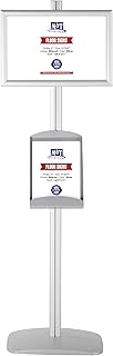 M&T Displays Free Standing Aluminum Display Stand Single Sided Document Brochure Sign Holder Front Loading Portrait Landscape Silver Snap Frame 1x(11x17) and Metal Tray Shelf 1x(8.5x11) Inch