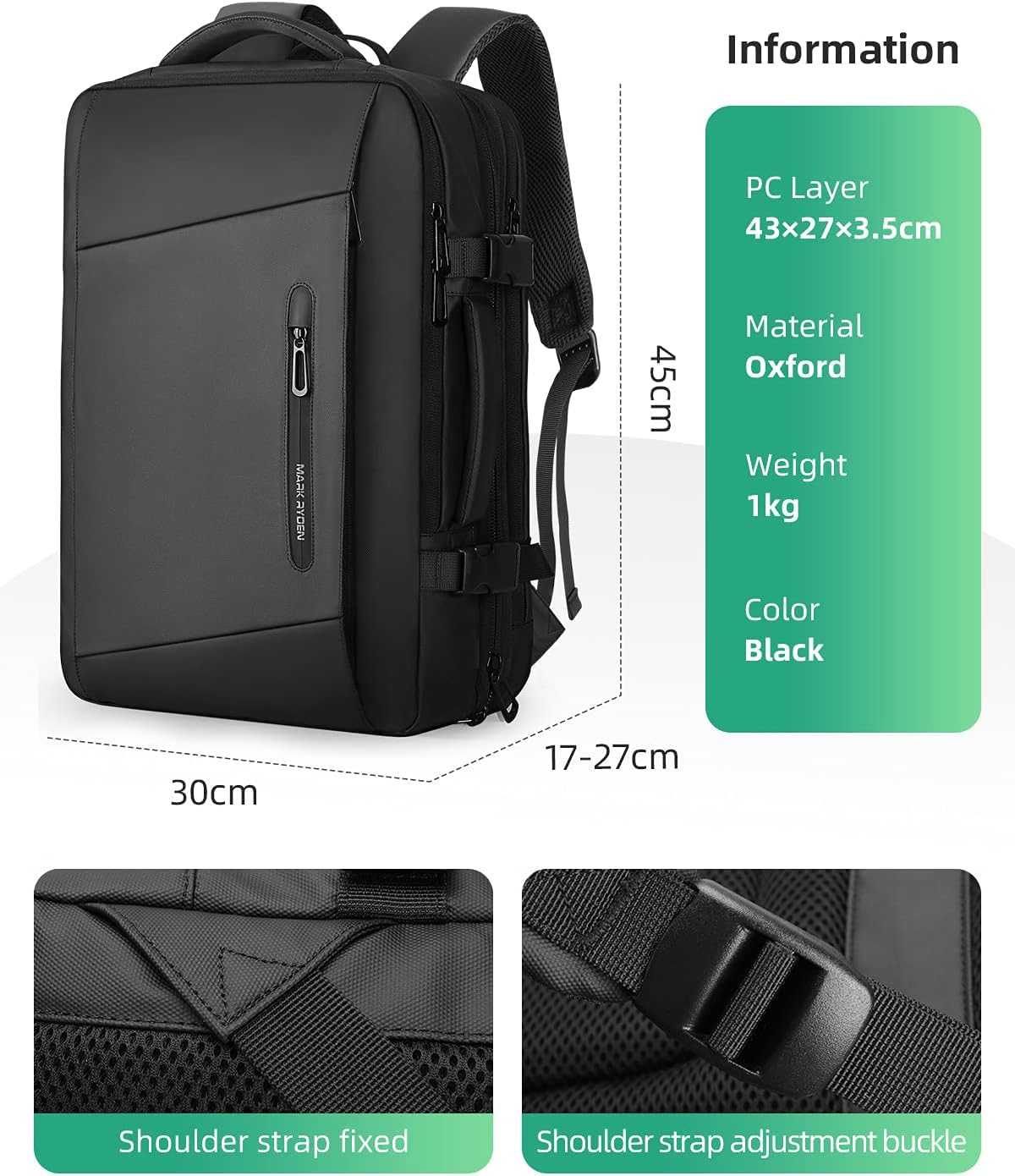 Mark Ryden Plecak podróżny 23 l/40 l, lekka torba weekendowa jako bagaż podręczny, z portem ładowania USB, pasuje do laptopa 17,3