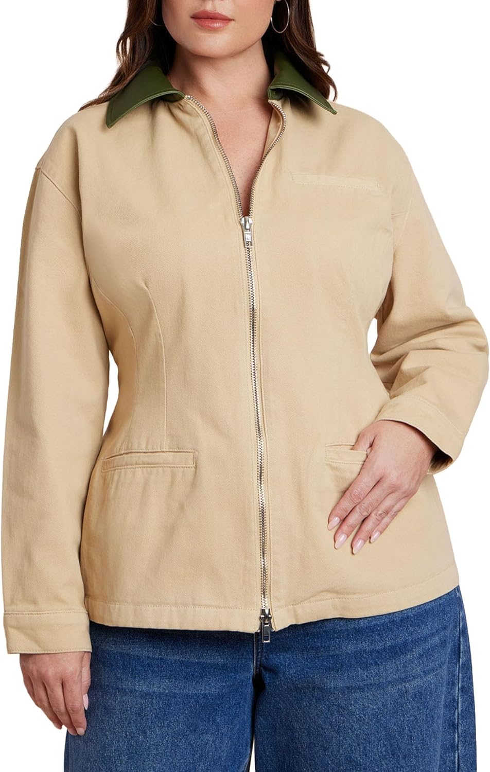 ELOQUII Women's Plus Size Nipped Waist Barn Jacket With Faux Leather Collar