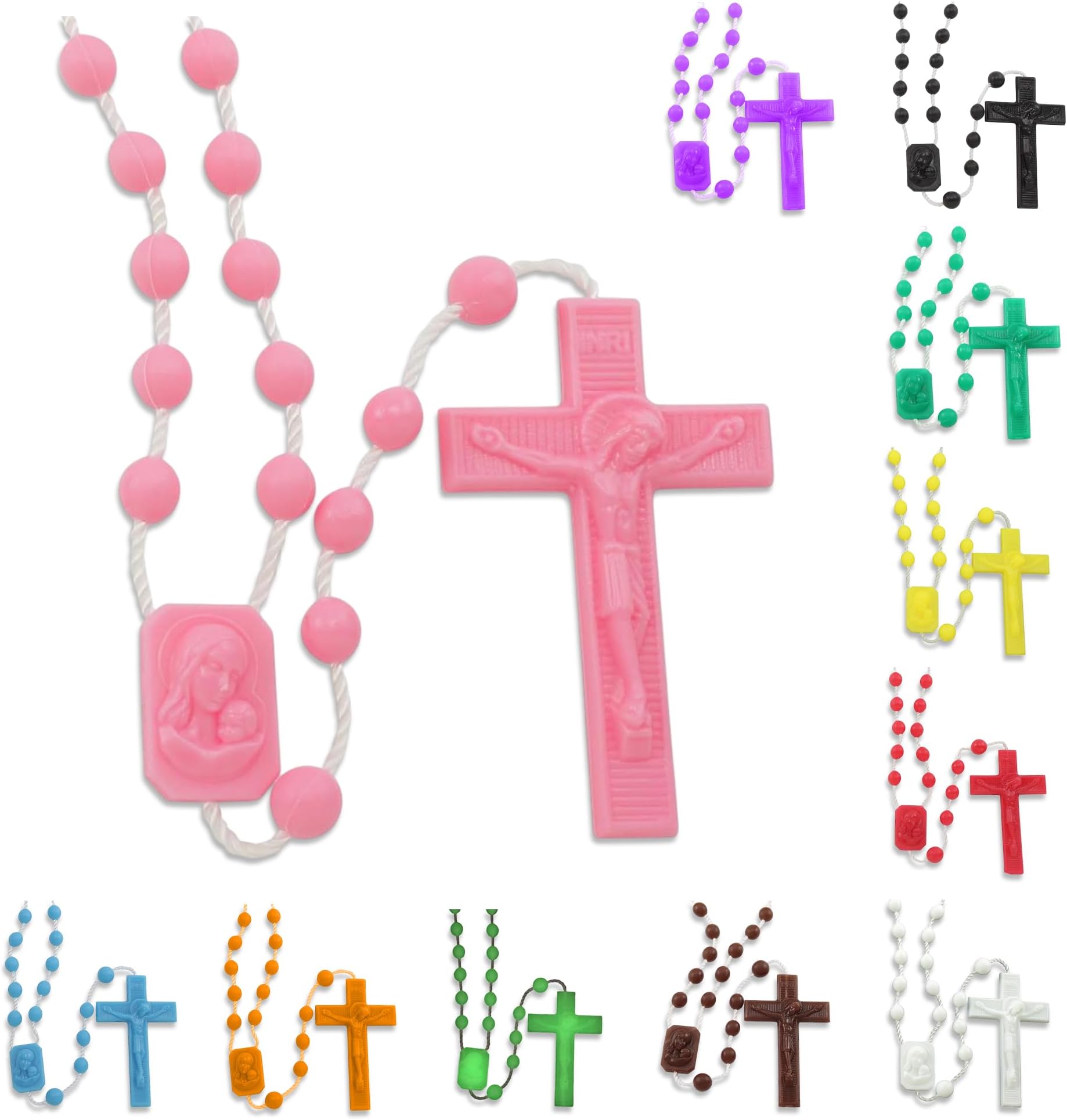 RosaryMart Catholic Rosary Beads for Prayer โ Pink Plastic Rosary Necklace with Crucifix, Durable Nylon Cord, Made in Italy, Devotional Prayer Beads for Women and Men โ Pack of 25