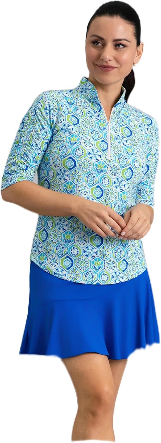 IBKUL UPF 50+ Sun Protection, Icefil Cooling, Moisture-Wicking Alexis Ruched Elbow Sleeve Mandarin Collar Top