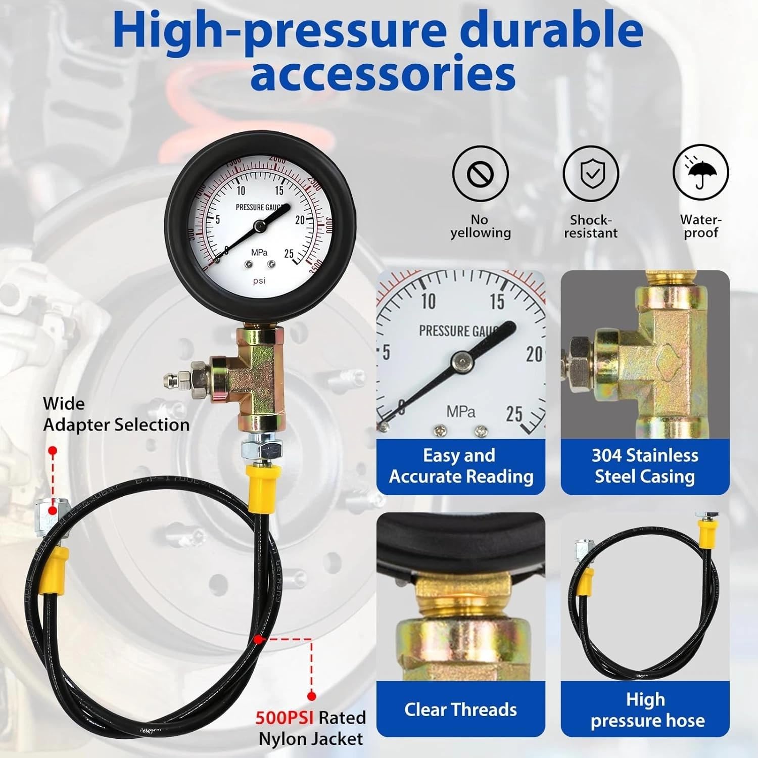 Testeur de pression de frein, manomètre de frein universel, 0-3500 psi, kit de jauge de pression d'huile hydraulique ABS, outil de diagnostic de système de freinage pour voiture à essence