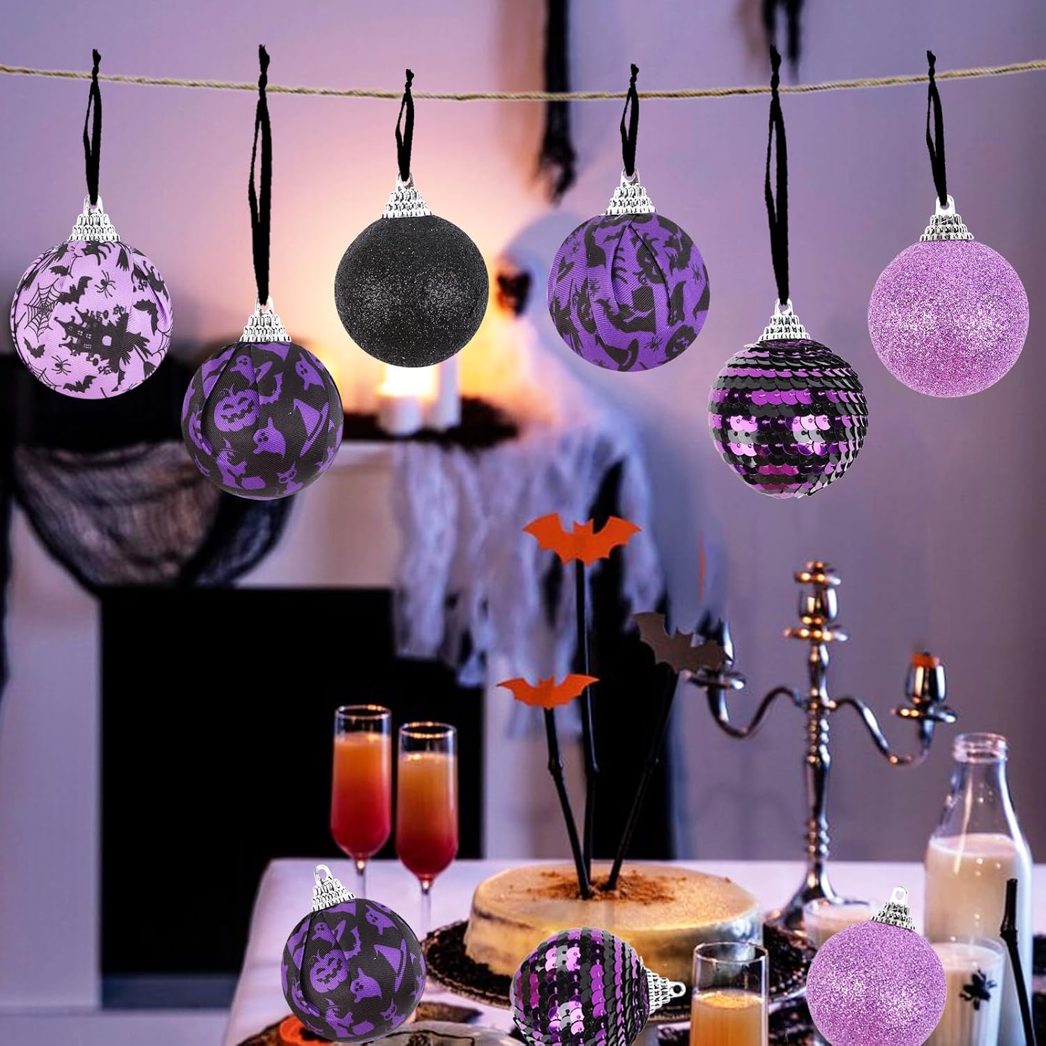 12Pcs Purple Black Halloween Ball Ornaments, Witch Pumpkin Ghost Spider Web Bat Printed Shatterproof Hanging Balls for Halloween Party, Glitter Sequin Tree Ornaments Supplies