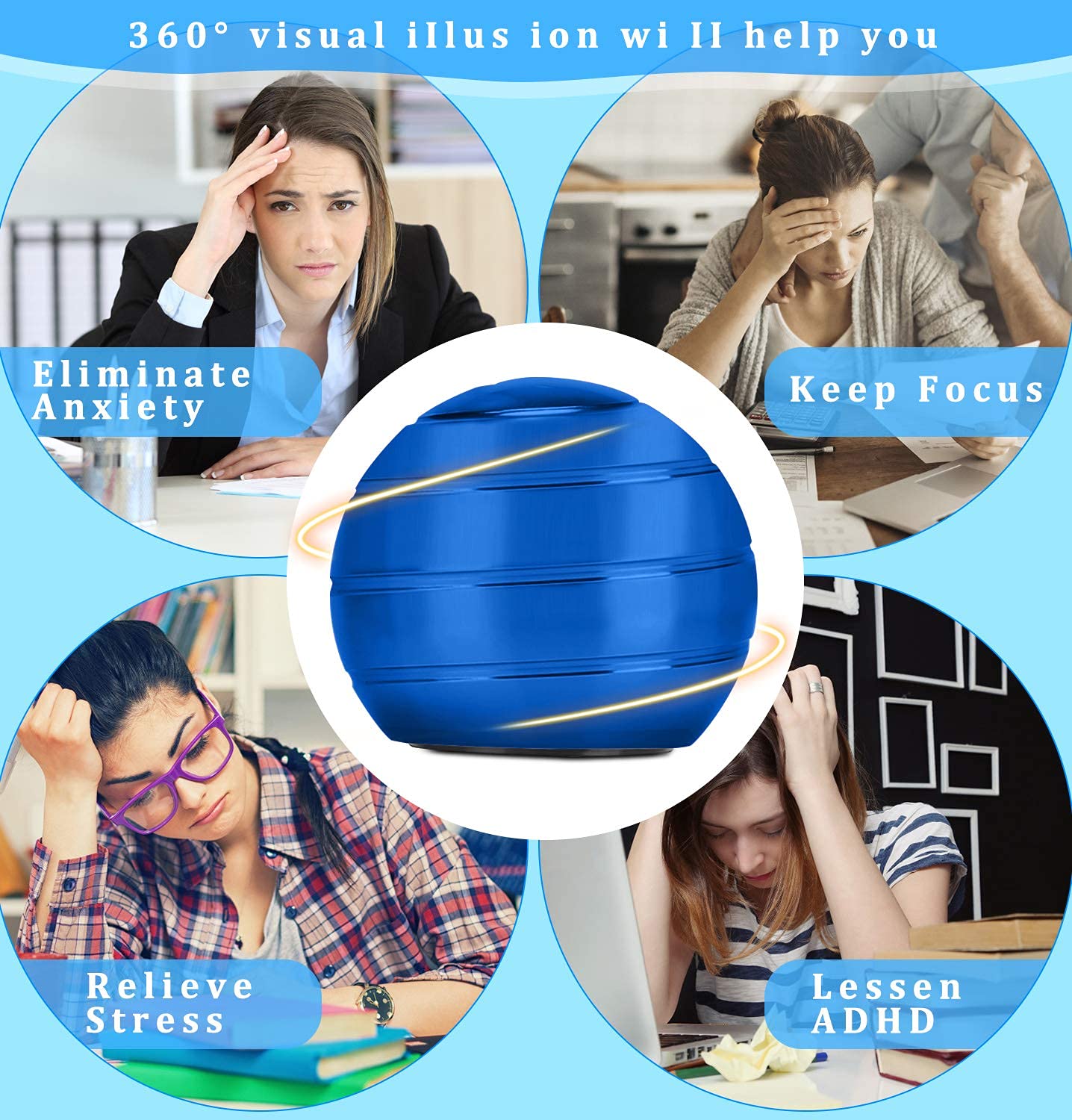 Giroscopio Cinetico a Sfera da Spinner in Metallo per Ufficio Giocattolo con Illusione Ottica per Allevia Lo Stress ispira la creatività interiore(Blu)