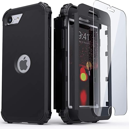 IDweel Funda para iPhone SE 2020 con protector de pantalla de vidrio templado, funda para iPhone SE 3, 3 en 1, absorción de golpes, delgada,