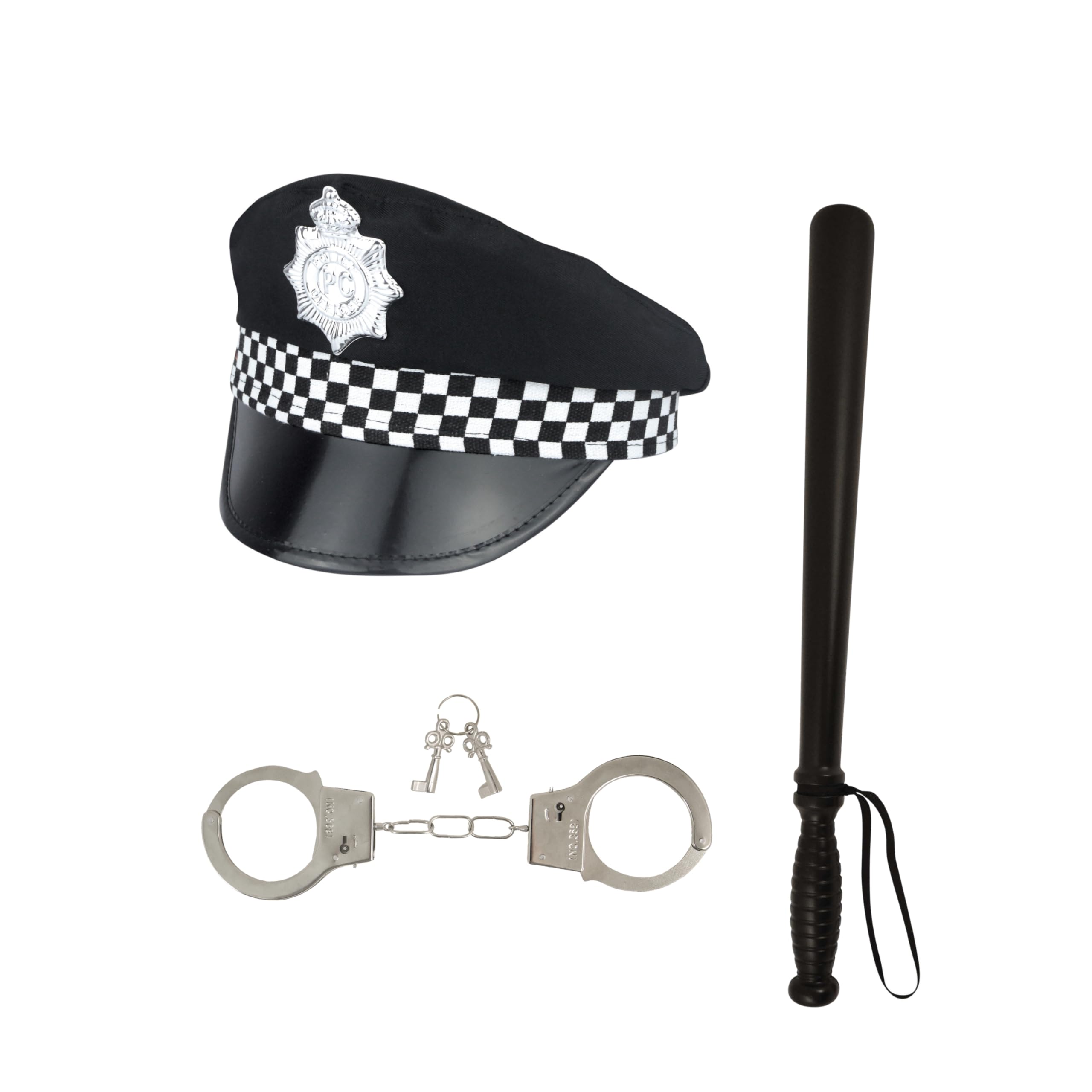 Lizzy Adult Policeman Hat + Police Stick + Handcuffs | Theme Party Mens Police Fancy dress outfit Accessory Cosplay, Halloween, Christmas