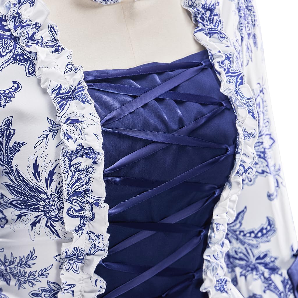 1791's lady Women's Victorian Rococo Dress Blue Floral Gown Masquerade Costume Dress