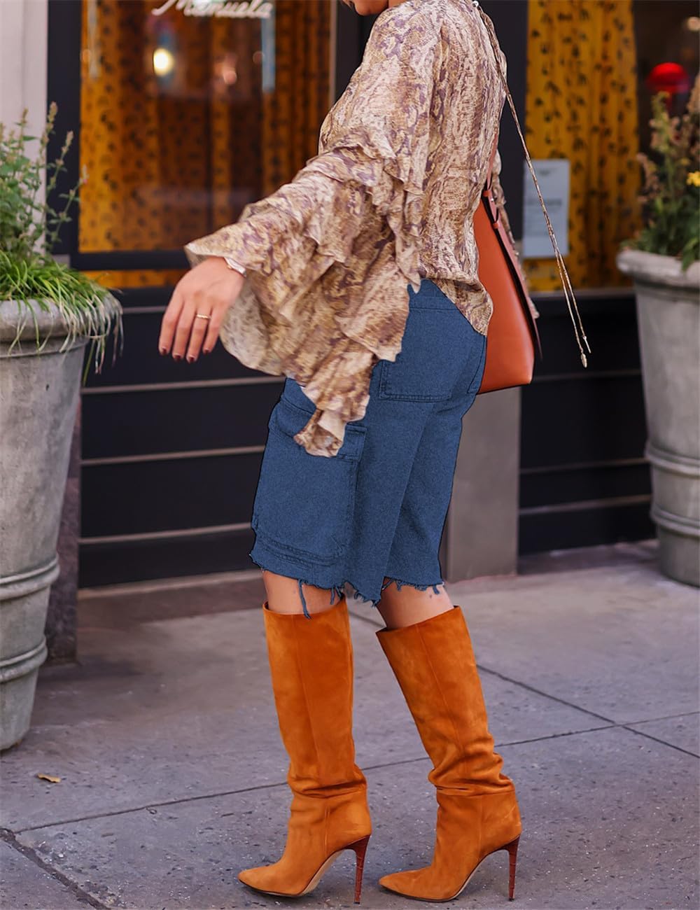 Women Denim Cargo Shorts, High Waisted Long Jean Shorts with Pockets - Image 5