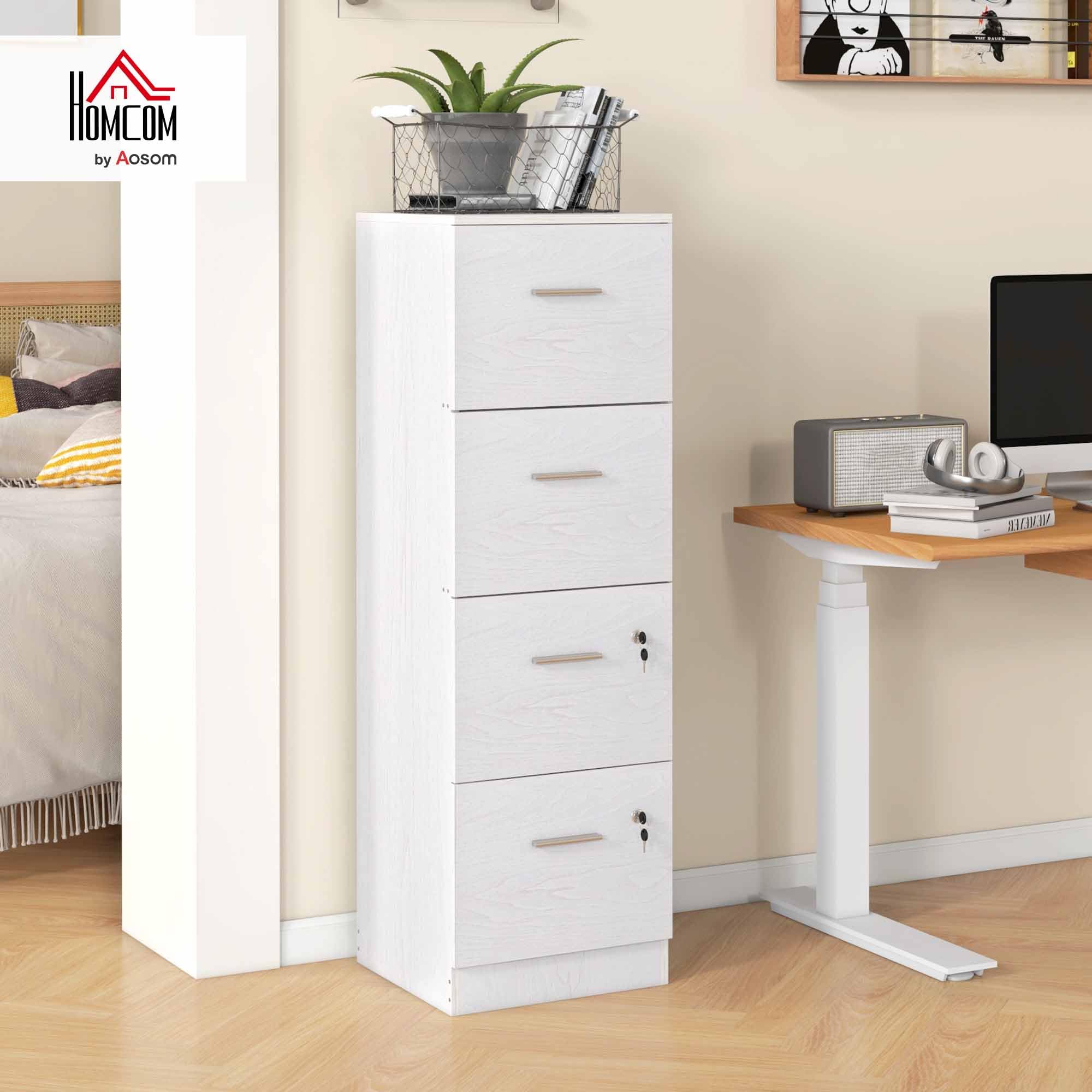 HOMCOM Schedario da Ufficio con 4 Cassetti, Cassettiera Ufficio con Serratura e Chiavi per Lettera/Formato A4, Armadietto Verticale per Casa, 40x42x131 cm, Bianco