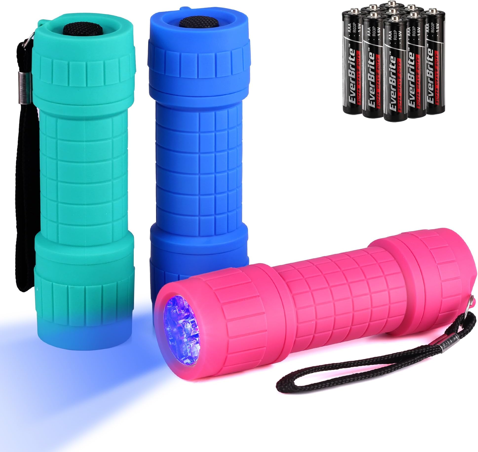 UV Blacklight Flashlights 3-Pack Set, 9 LEDs 395nm Mini Black Light for Neon Glow Art, Class Teaching, Scorpions, Pets Stains Urine, 9 AAA Batteries Included