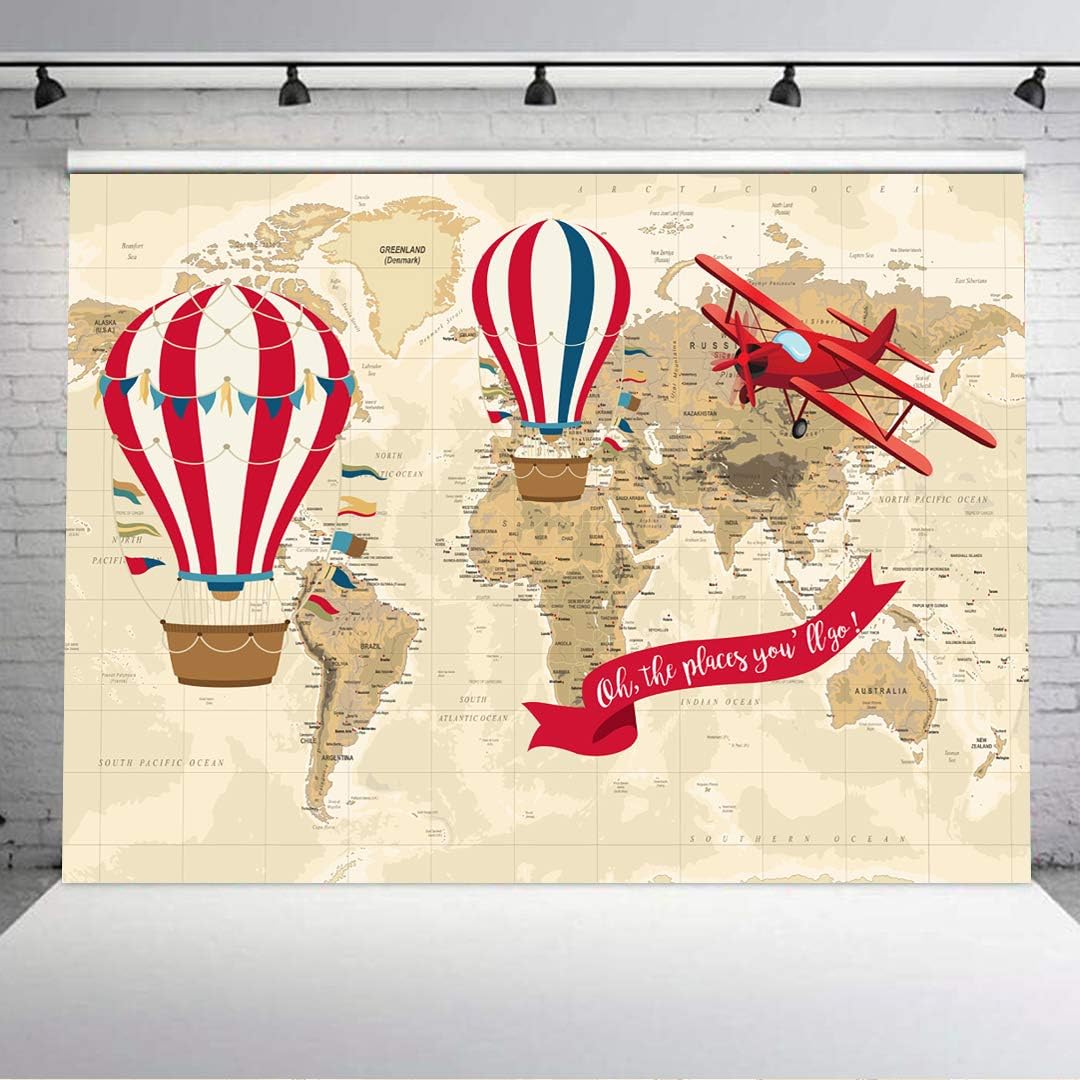 7X5FT Baby Shower Hot Air Balloon Vintage Airplane Photography Backdrop Oh The Place You'll Go Backdrops World Map Adventure Baby Shower Background Vinyl Happy Birthday Party Cake Table Decor