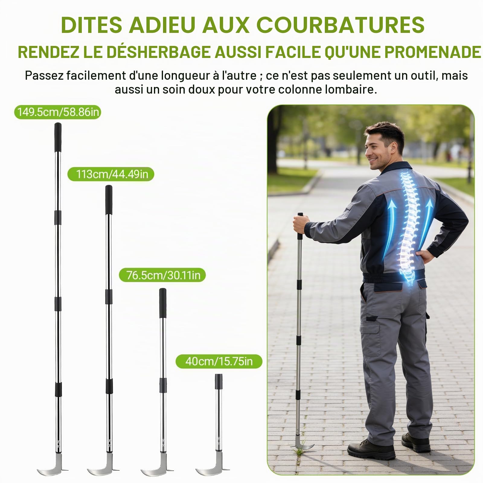 Couteau désherbeur Manuel – Désherbeur pour Pavés et Terrasses, Manche Réglable 145cm avec Lame Dentelée en L et Brosse, Pour cour, pelouse, terrasse, jardin, désherbeur Ergonomique