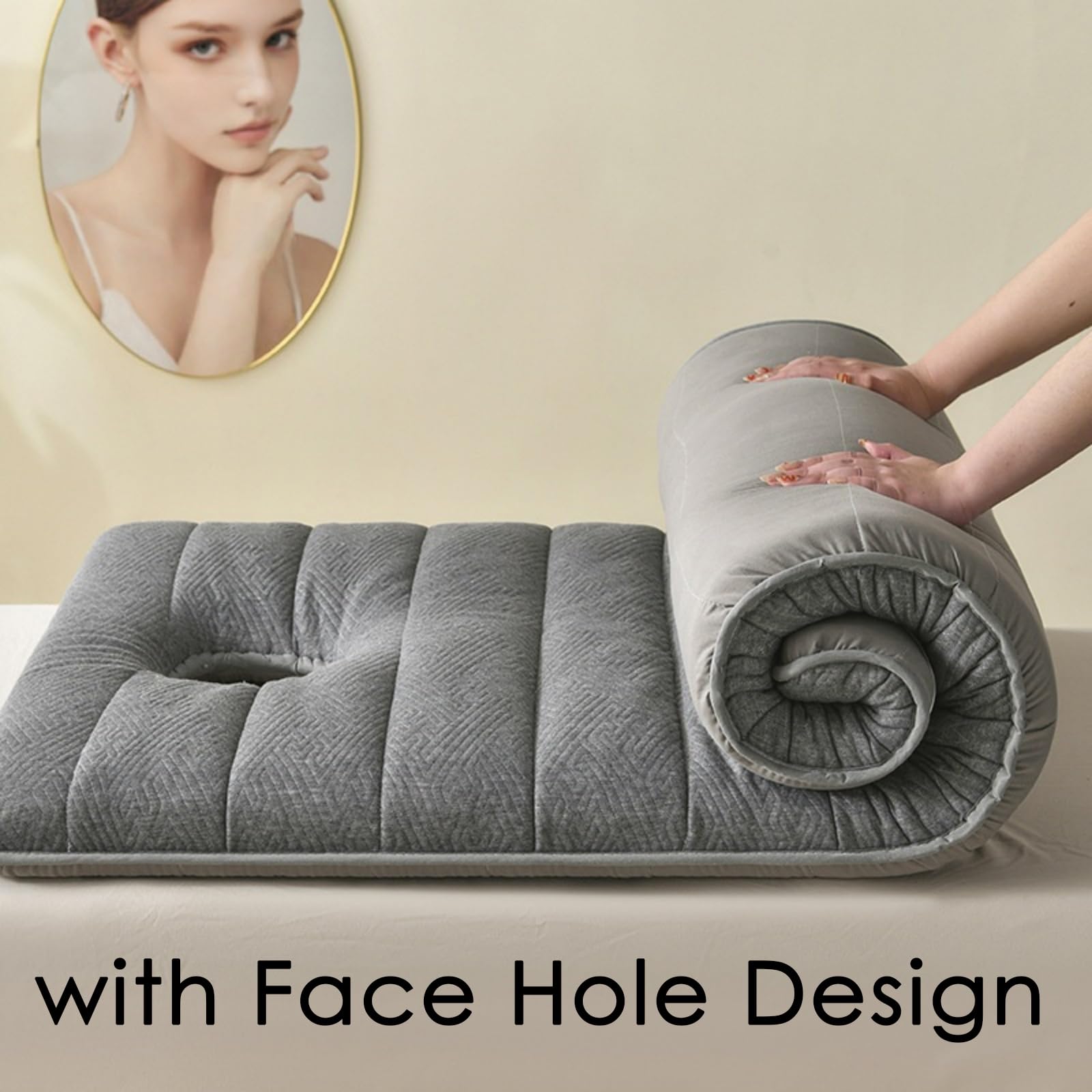 Highdi Matelas de Lit de Beauté avec Trou pour Le Visage, Pliable Doux Conforts Matelas Salon de Beauté à Tête Carrée pour SPA, Table de Massage, Lit de Massage (70x185x4cm,Gris)