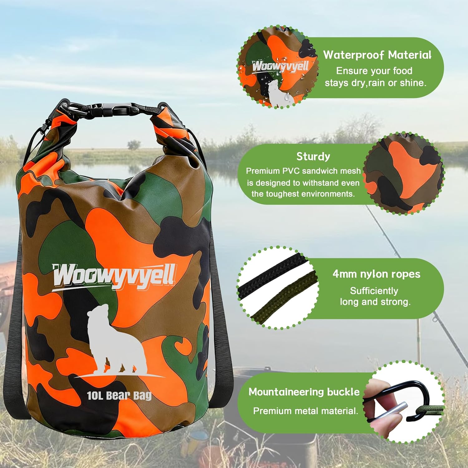 10L Waterproof Bear Food Bag Hanging Kit, Camping Ultralight Food Storage for Backpacking Camping, Bear Canister Pulley System with Nylon Ropes, Carabiners and Rock Pouch (Black)