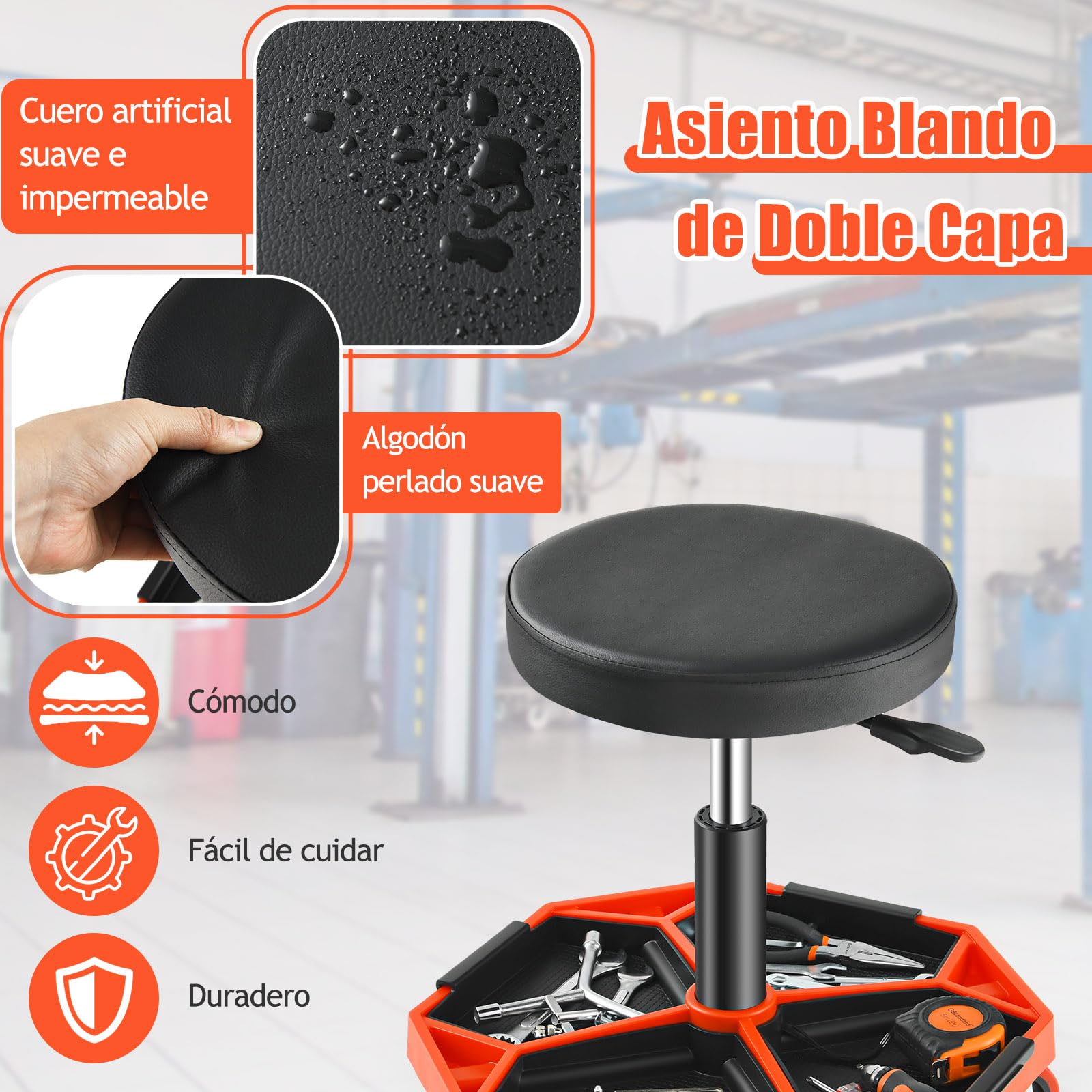 GOPLUS Taburete de Taller con Ruedas 41-56 cm Altura Ajustable, Taburete Mecánico con Bandeja para Herramientas y 4 Ruedas Universales, Carga 150 kg, para Garaje y Taller de Reparación