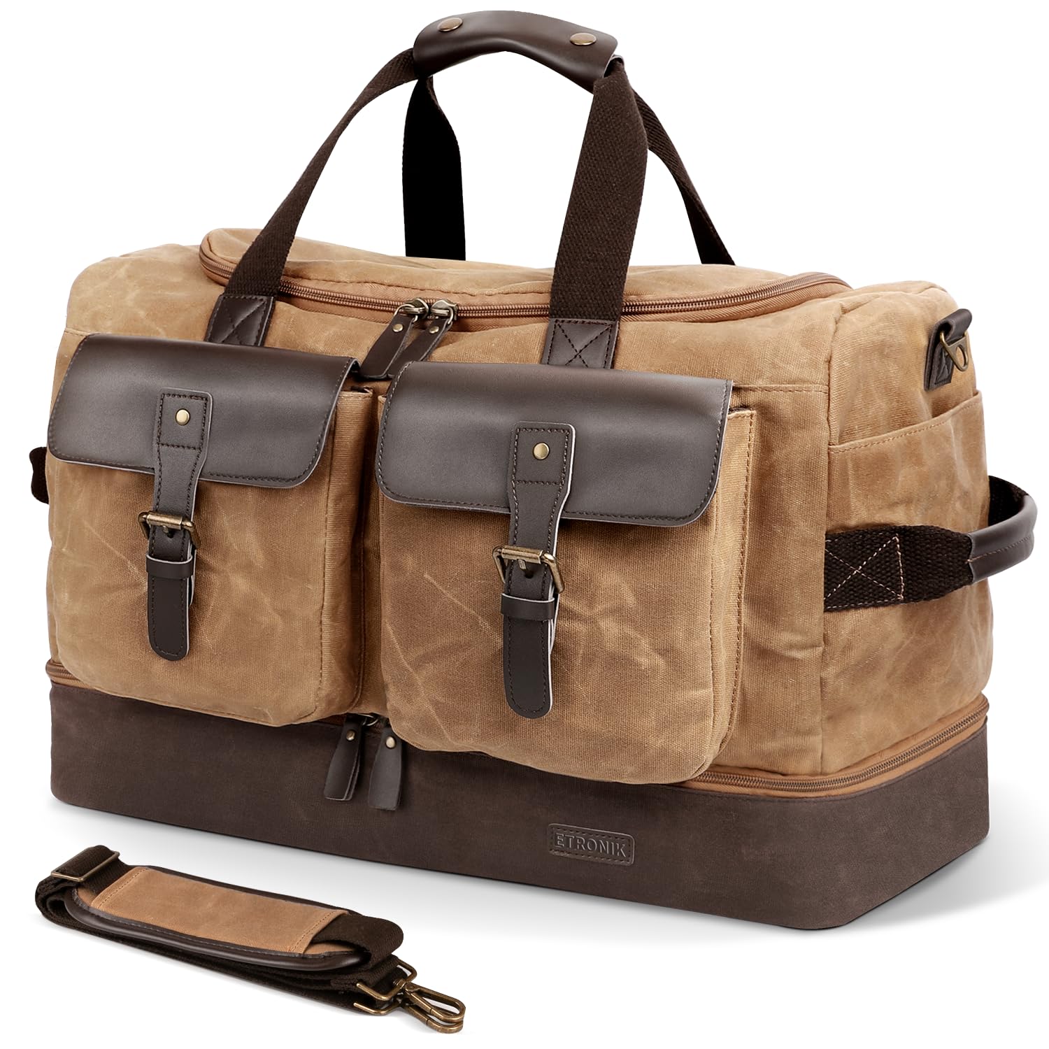 ETRONIKTravel Duffle Bag for Men, Waterproof Canvas Leather Weekender Overnight Bag with Wet Pocket and Shoes Compartment, Vintage Carry-on Luggage Bag with Adjustable Strap for Airplanes