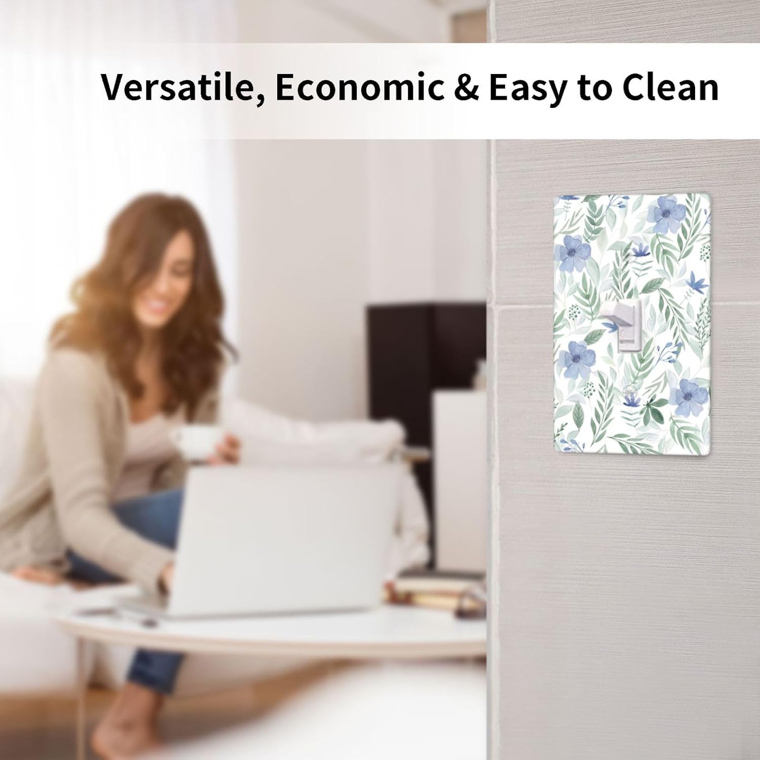 Watercolor Blue Flower Green Leaves Single Toggle Light Switch Plate Cover 1 Gang Decorative Outlet Plate Electrical Wall Plate Covers Receptacle Decorate Plug Covers For Bathroom Decor 4.5" X 2.76"