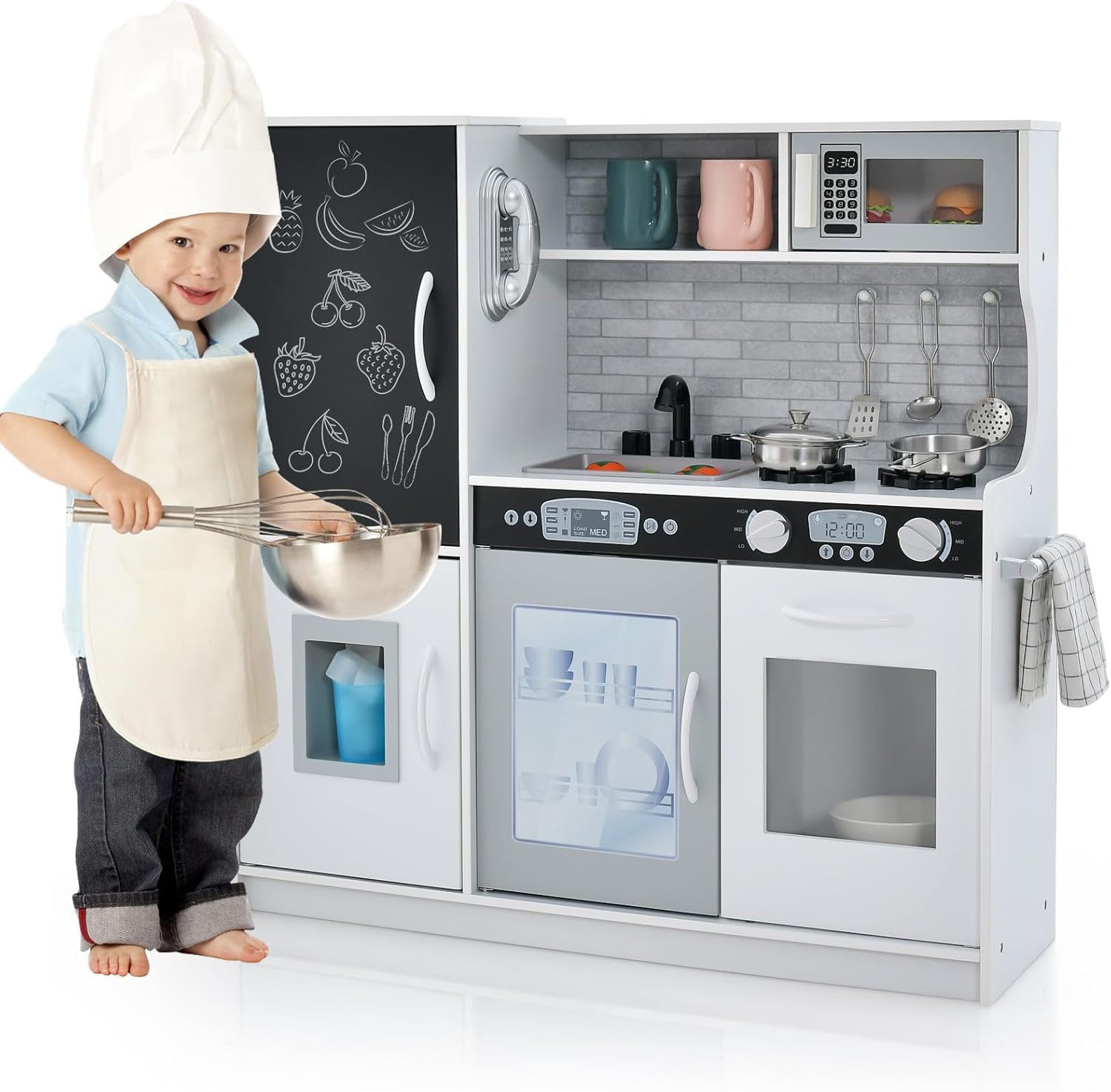 RELAX4LIFE Cocina Juguete con Pizarra, Sonidos Reales, Teléfono, Estufas, Lavavajillas, Máquina de Hielo y Horno, Cocinita Infantil con Accesorios Completos para Niños 3-6 Años (Blanco)