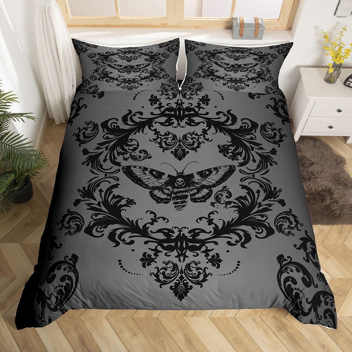Loussiesd Adults Black Grey Vintage Damask Floral Bedding Set King Size Soft for Boys Girls, Gothic Death Moth Skull Duvet Cover Oriental Antique Bedroom Decor 3 Pcs with 2 Pillow Cases